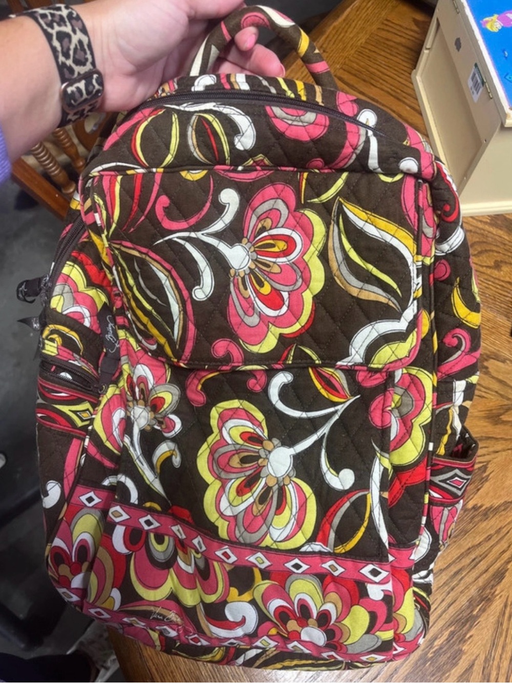 Vera Bradley Quilted Floral Backpack in Brown, Pink & Yellow